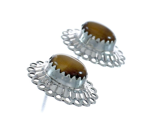 Navajo Genuine Sterling Silver Tiger Eye Concho Post Earrings X10966